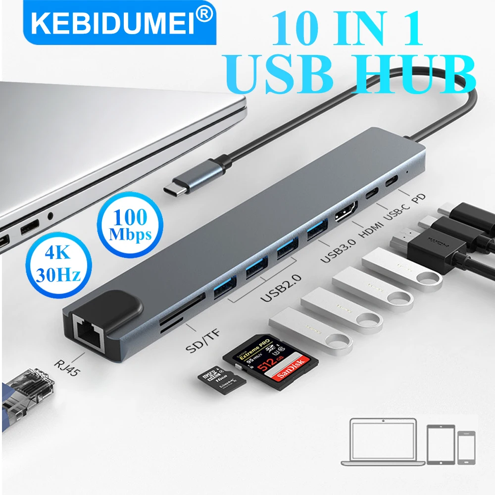 KEBIDUMEI USB C HUB 10 In 1 USB 3.0 Docking Station 100Mbps 4K Output Multiport Splitter RJ45 To USB C Adapter For Macbook Pro