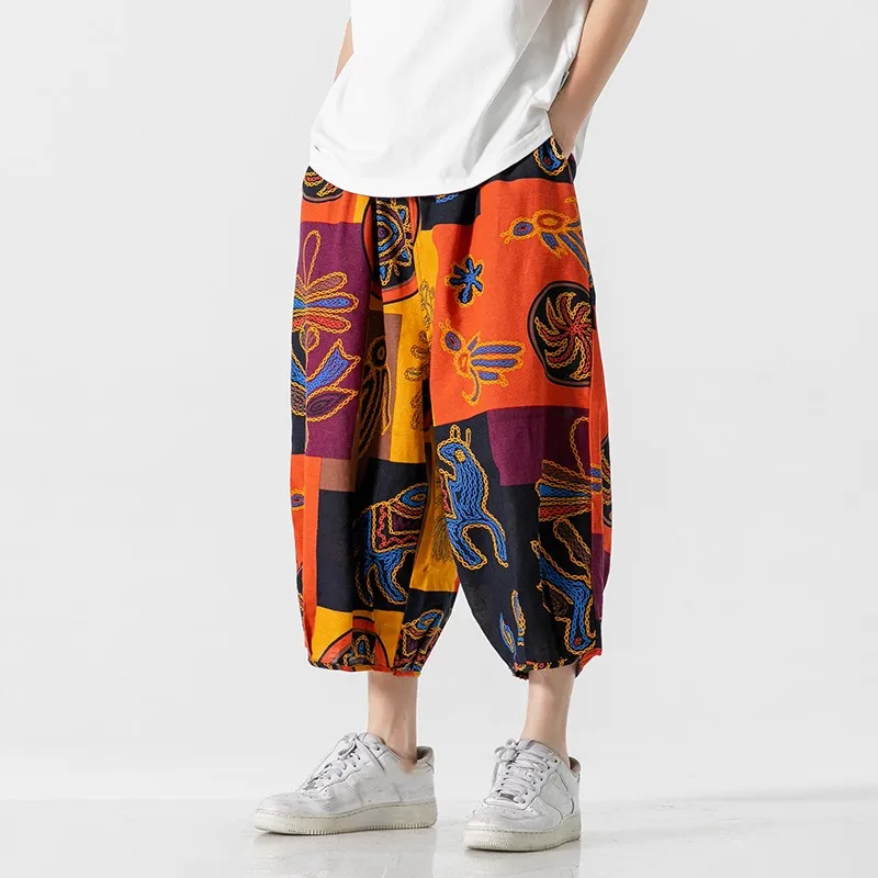 Patchwork Figure Wide Leg Pants Men Loose Comfort Sports Joggers Fashion Japanese Style Elastic Waist Trousers