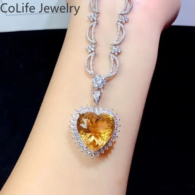 Romantic Heart Crystal Necklace Pendant 20mm 18ct Natural Citrine Pendant Solid 925 Silver Citrine Jewelry with Gold Plating