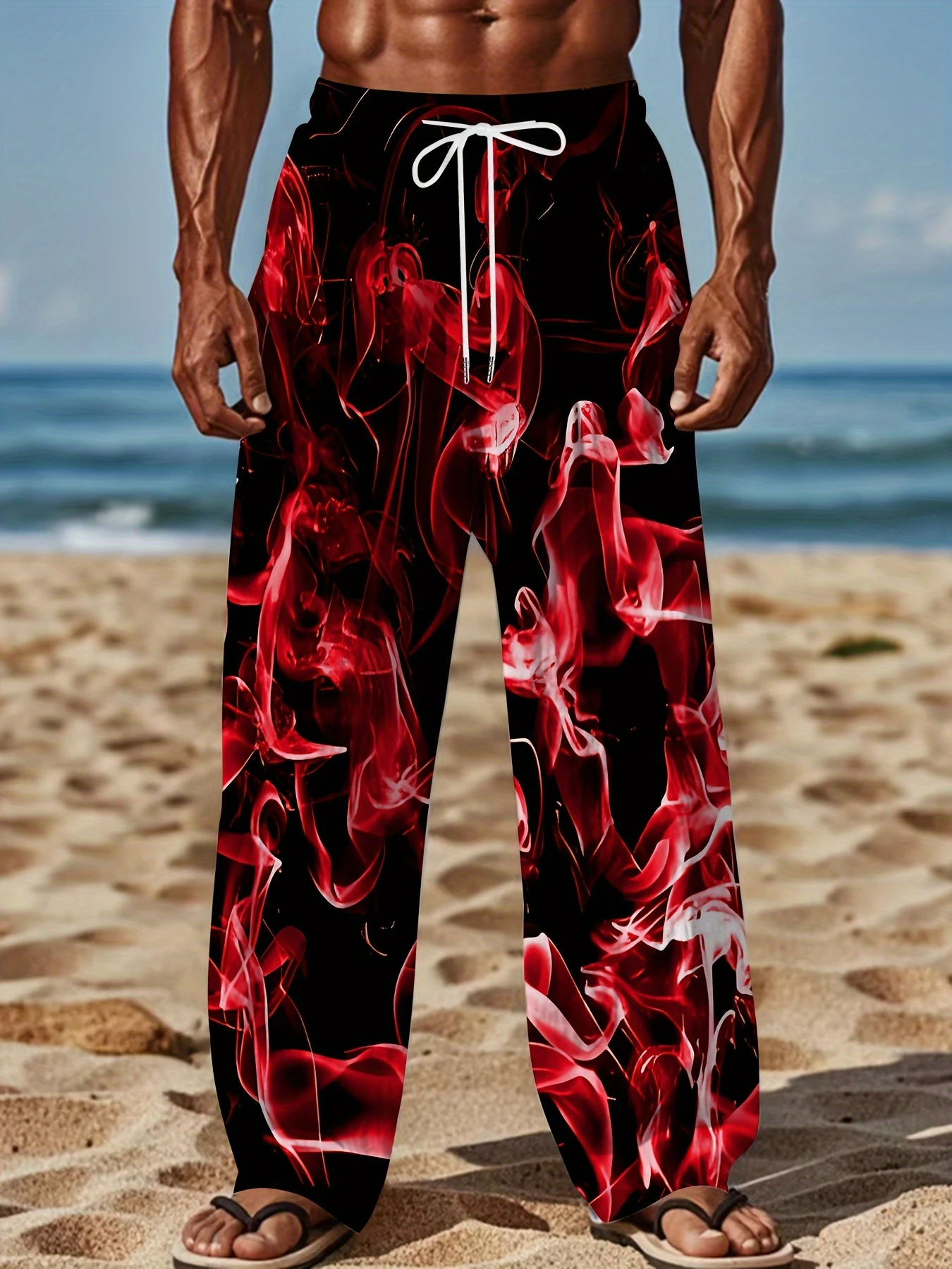 2026 Men's Summer Hot Selling Flame Print Casual Outdoor Sports Fashion Street Hawaiian Vacation Style Pants