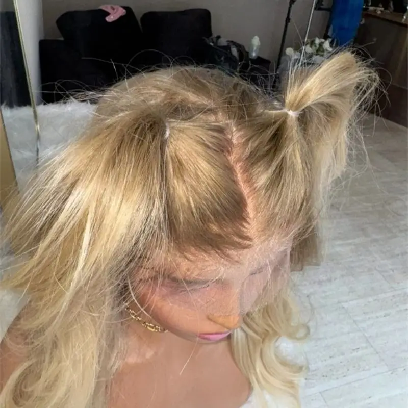 

Dark Long Rootage Apple Butter Blonde HD Lace Wig Soft Natural Synthetic Wig High Heat Fibre Wavy 13x4 Ombre Golden Blonde Wigs