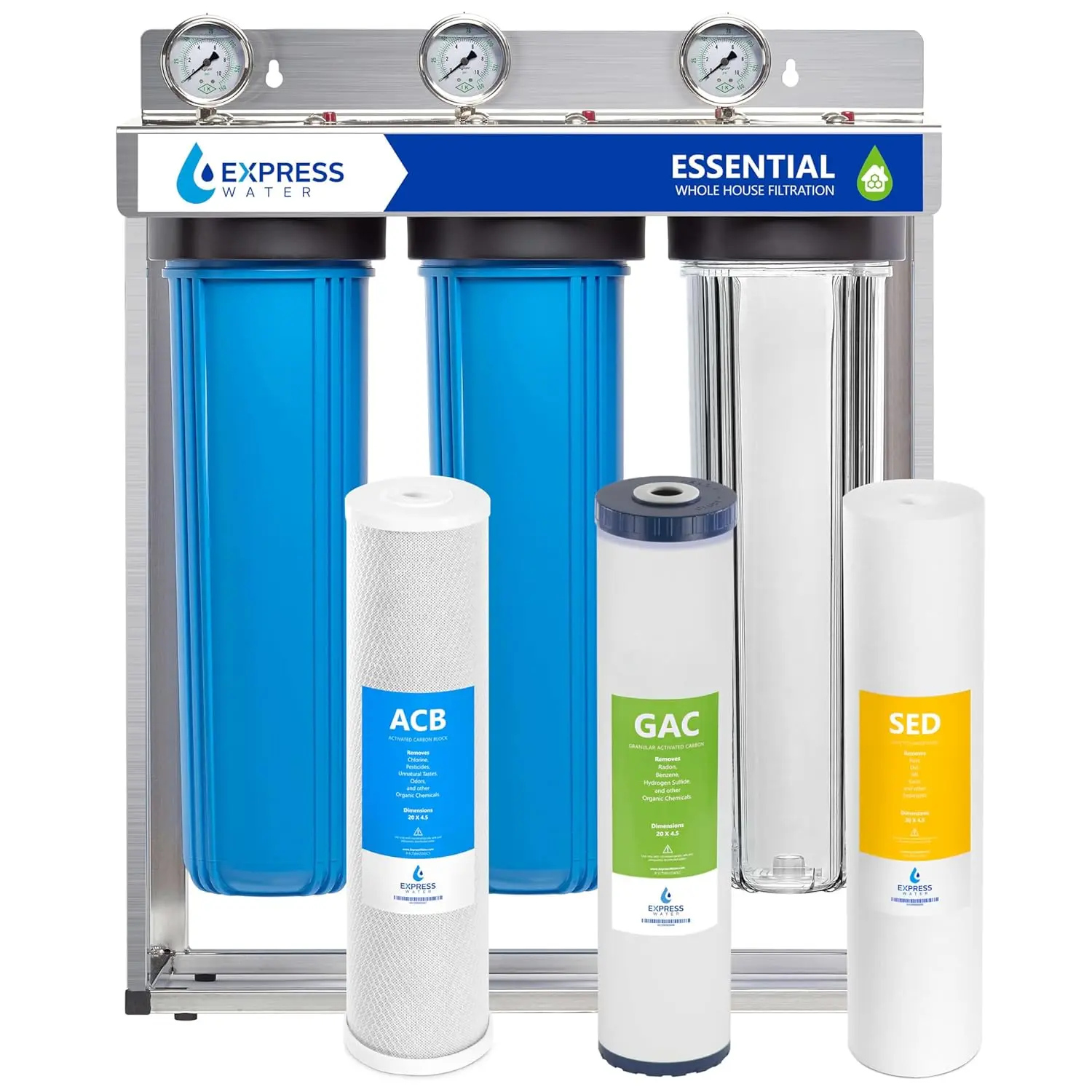 Sistema de filtrado de agua para toda la casa - Sistema de filtración de agua de 3 etapas con filtros de sedimentos, GAC y carbón - Reduce