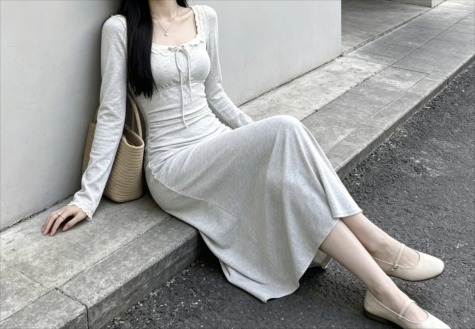 2026 Gray Long Sleeved Dress for Women's Autumn New Collection Waist Cinching Long Skirt