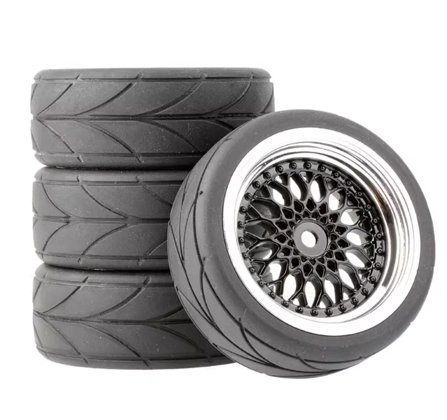 

1/10 On-Road Rally Wheel & Tire Set, 12mm Hex Rubber Tyres for HPI Kyosho Tamiya XV01 XV02 TA06 TT01 TT02 PTG2
