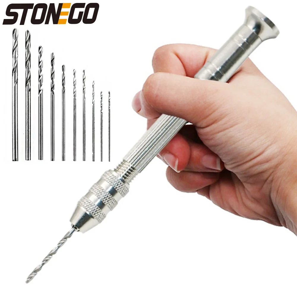 STONEGO Mini Micro Aluminum Alloy Hand Drill Set with Keyless Chuck and Twist Drills