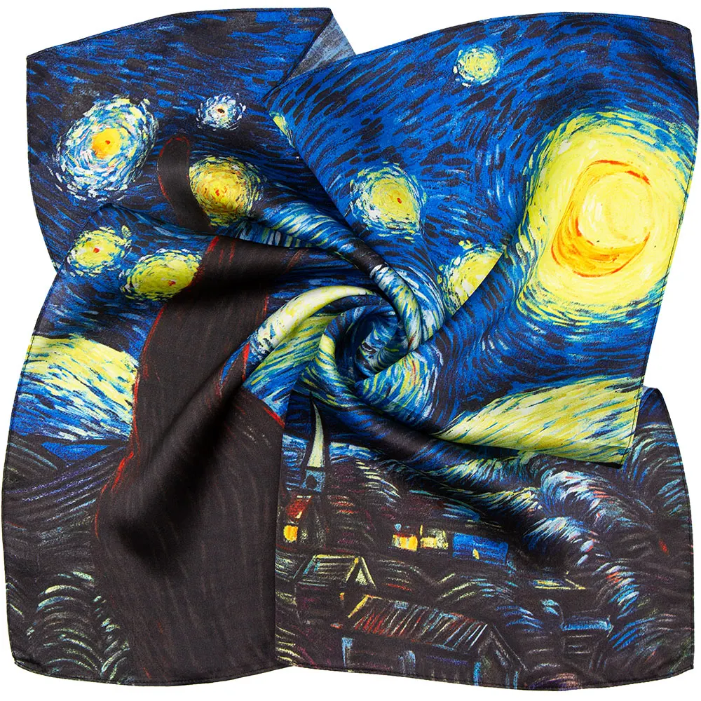 100% Pure Silk Bandana Women Scarf Female Hair Scarf Starry Night Oil Painting Handkerchief Women\'s Natural Silk Square Headband