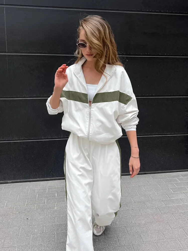 

Fashionable Color Block Zipper Coat Suit Full Sleeve Top High Waist Stretch Straight Pants Set 2025 Lady Daily Sports Two-piece