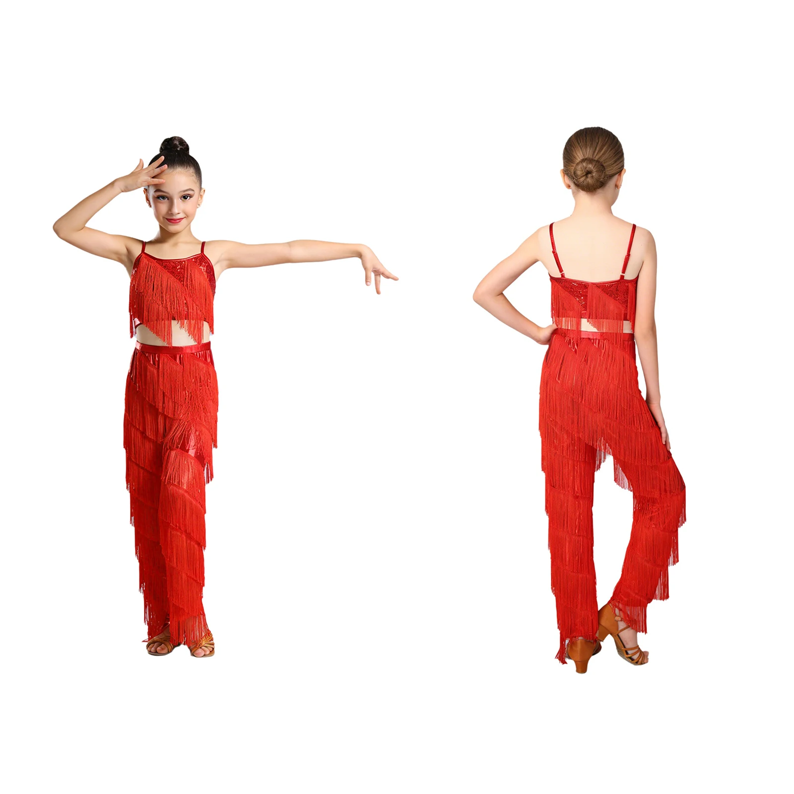 

Girls 2Pcs Tassel Latin Jazz Dance Outfit Set Adjustable Spaghetti Straps Camisole with Metallic Pants for Salsa Rumba Dance Set