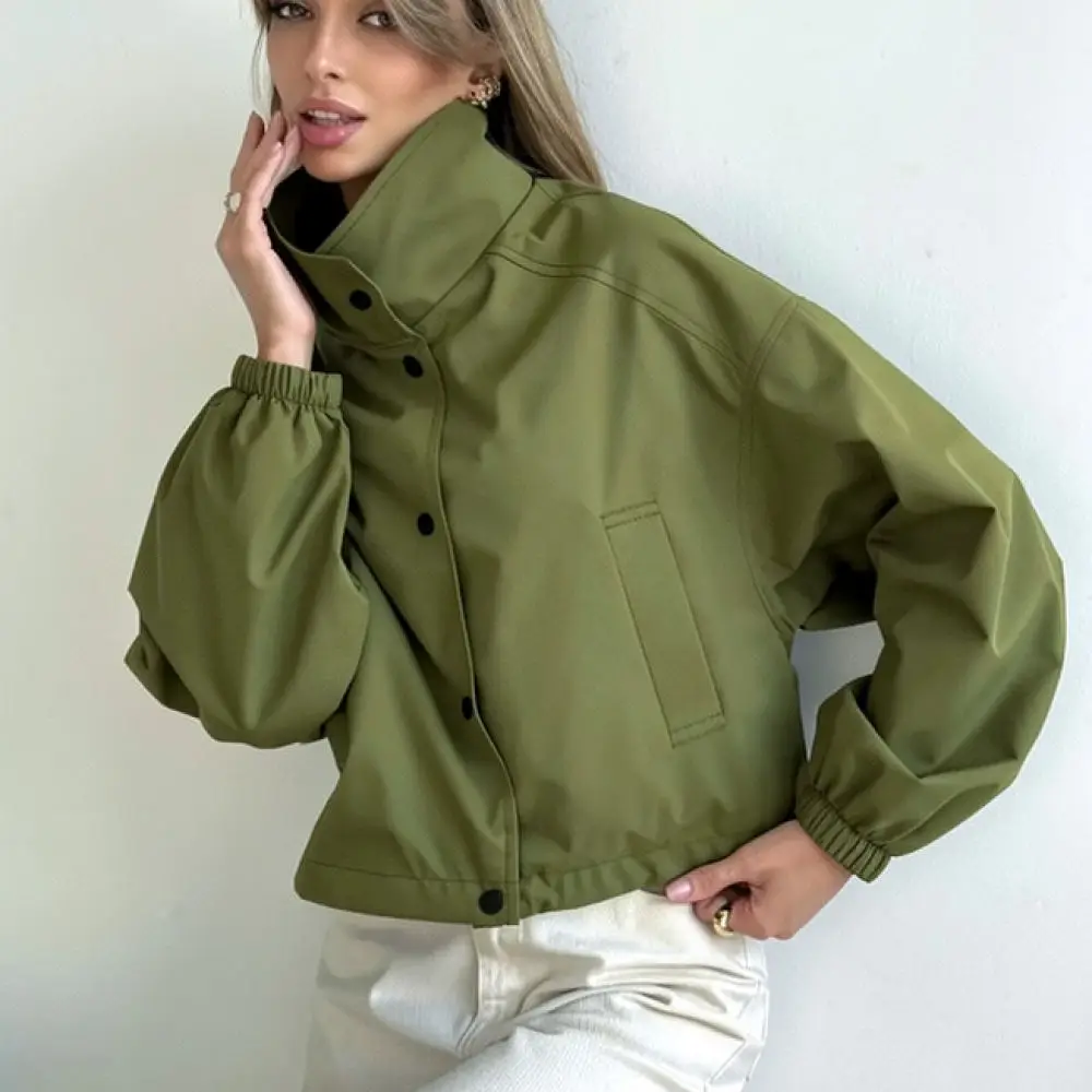 Casual Women Cropped Jacket Chic Spring Autumn Long Sleeve Button Coat Female Fashion Loose Solid Color Streetwear Outerwear