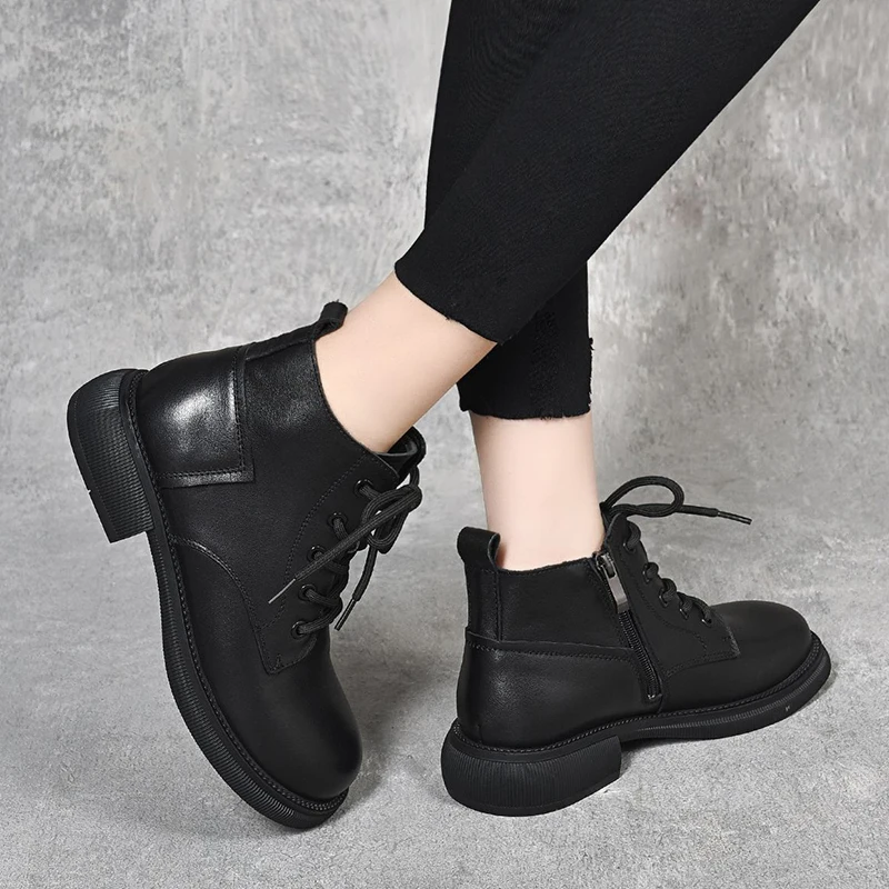 2022 Winter New Round Head Low Coarse Heel Soft Sole Boots Plush Women\'s British Retro Lace Up Shoes Casual Comfortable and Warm