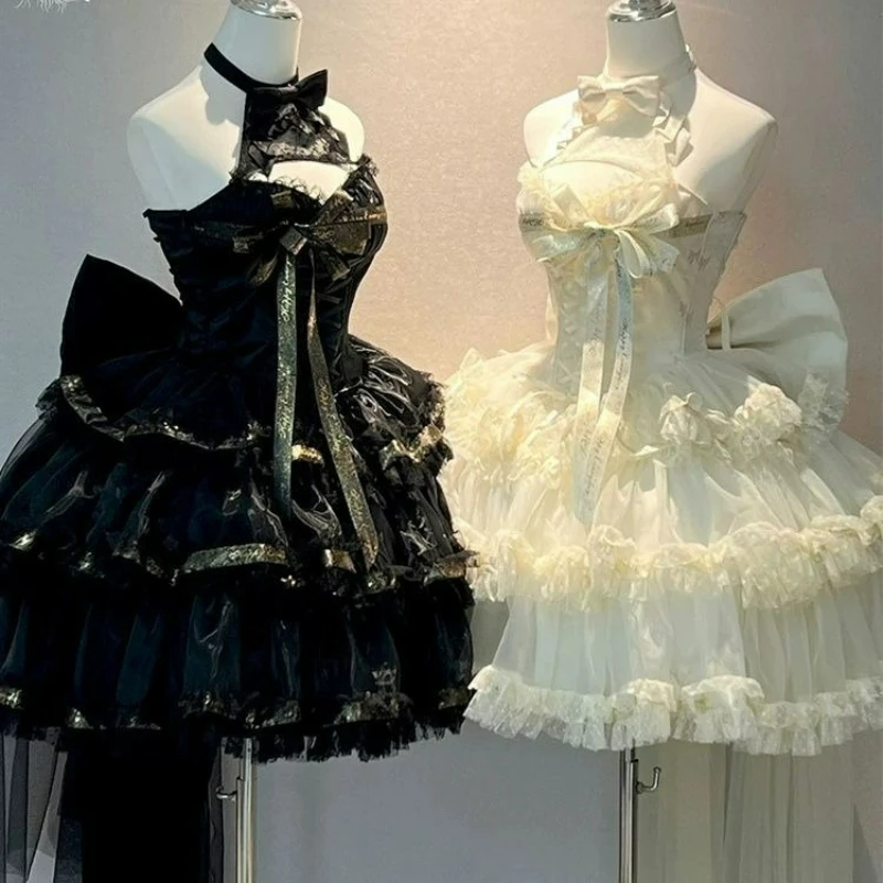 Victorian Gothic Lolita Dress Japanese Women Elegant Sweet Lace Halter Neck Bow Trailing Princess Dress Y2k Party Mini Vestidos