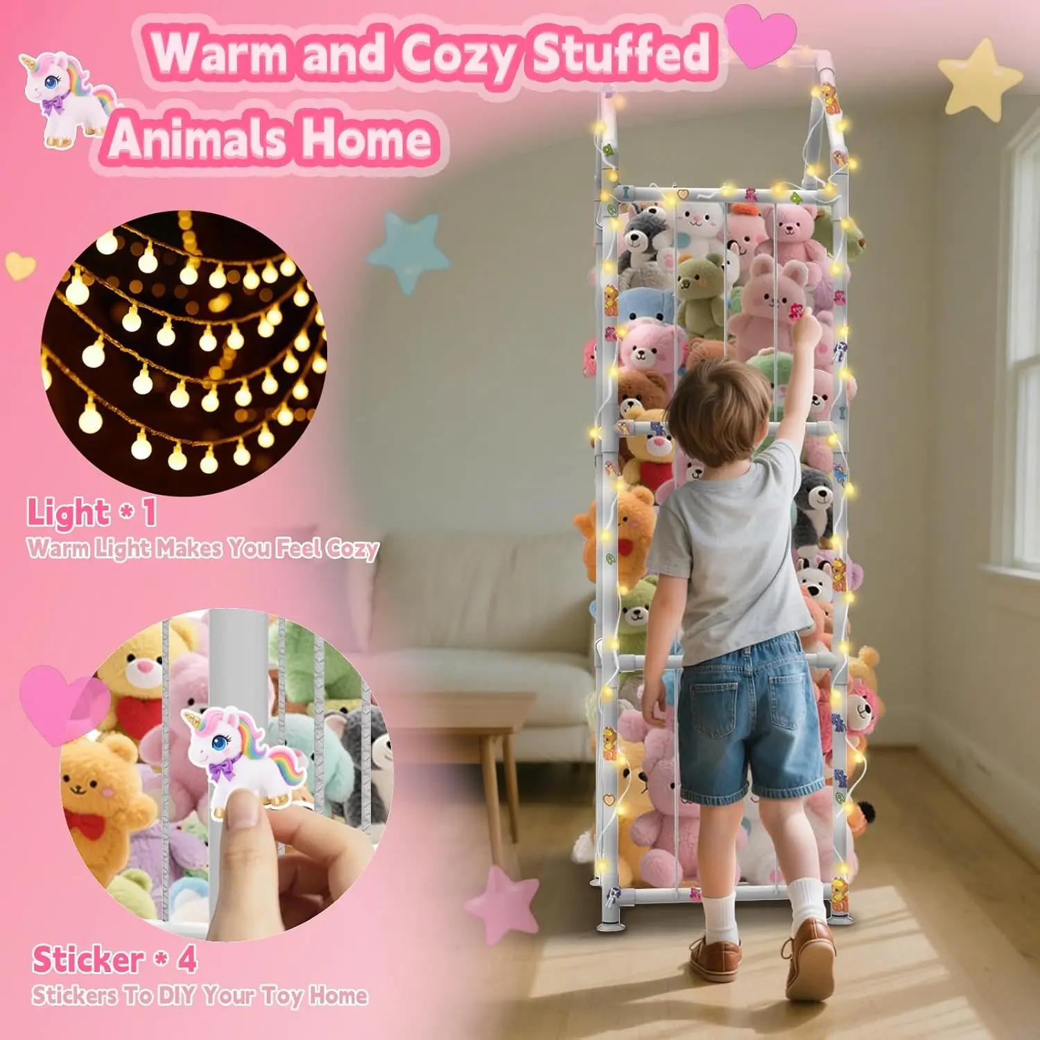 Stuffed Animal Storage with Suction Cups, ABS Plush Toy Organizer for Kids Bedroom, White view 5