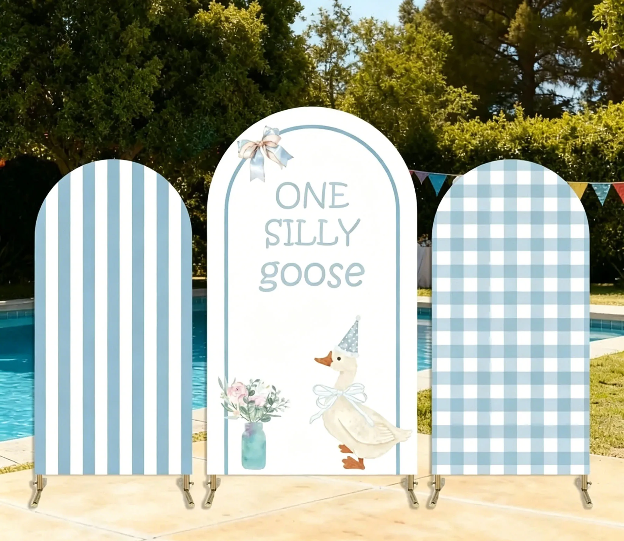 Custom 2-Side Silly Goose Baby Shower Arch Backdrop Cover Blue White Striped Grid Birthday Party Decor Backdrop Photo