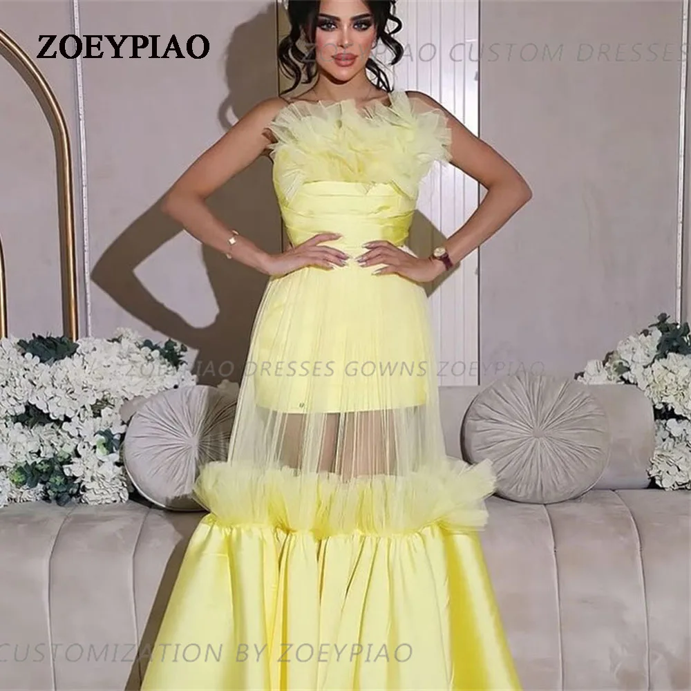 

Yellow/Gold Long Arabic Evening Dresses Ruched Long Satin Tulle Formal Prom Dresses for Women Sleeveless Vestidos de Fiesta