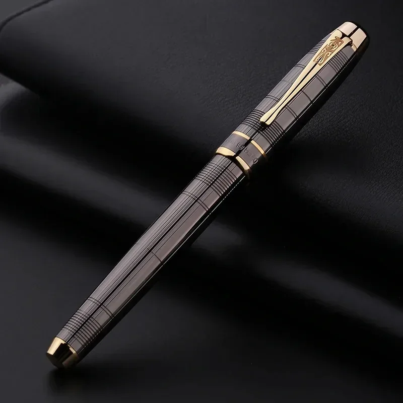 New Hero 953 Metal Fountain Pen Brushed Gray Grids / Black Iraurita Fine 0.5mm Golden Clip Business Office Student Writing Ink P