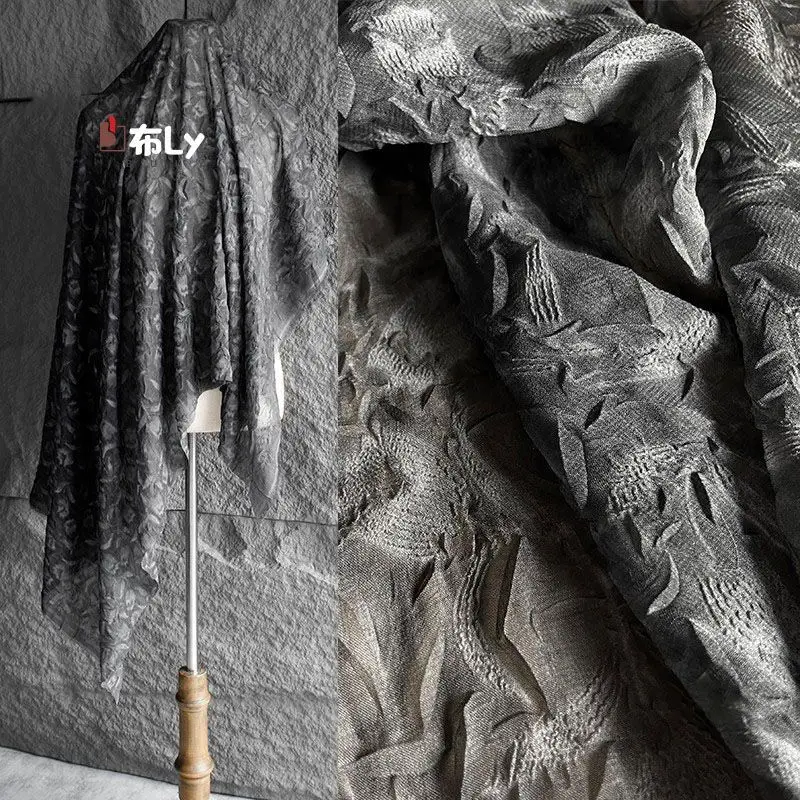 Black Gray Vintage Crack Pleated Tie-dye Crepe Fabric for Designer Shirt Skirt Texture Remake Sewing Material