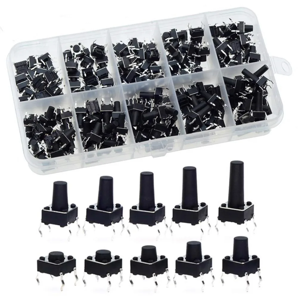 

200pcs 6*6 Size Key Switch Kit Tactile 12V Tact Push Button Switch Mixed Touch Buttons PCB Button Switch Electronic Projects
