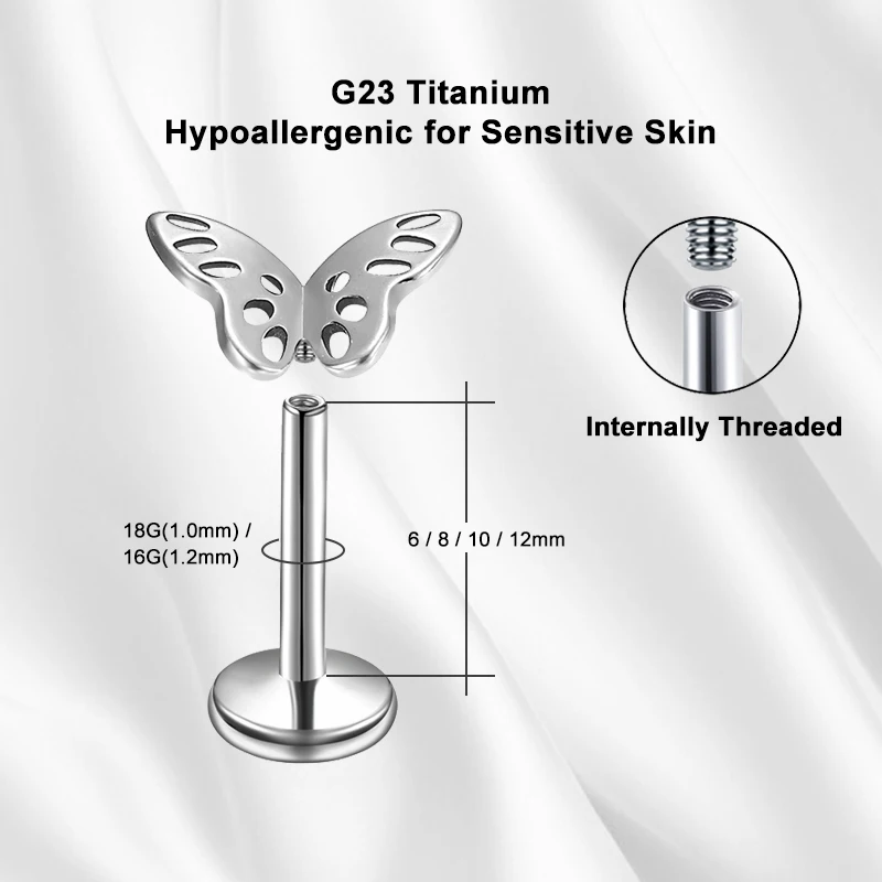 ASTM F136 Titanium Ear Stud Earrings, 18G/12G Butterfly Internally Threaded Flat Back Labret Stackable Body Piercing Jewelry