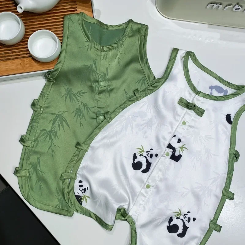 Summer Newborn Satin Panda Sleeveless Jumpsuit Traditional Chinese Clothing for Baby Casual Flat Foot Vest Onesie 0-12 Month