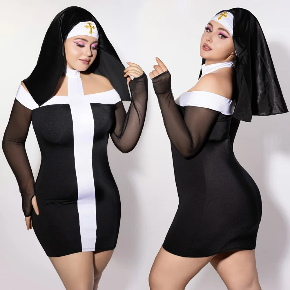 

New Women's Plus Size Roleplay Nun Uniform Lady Large Size Halloween Dress Up Cosplay Sister Lingerie Dress XXL Outfits