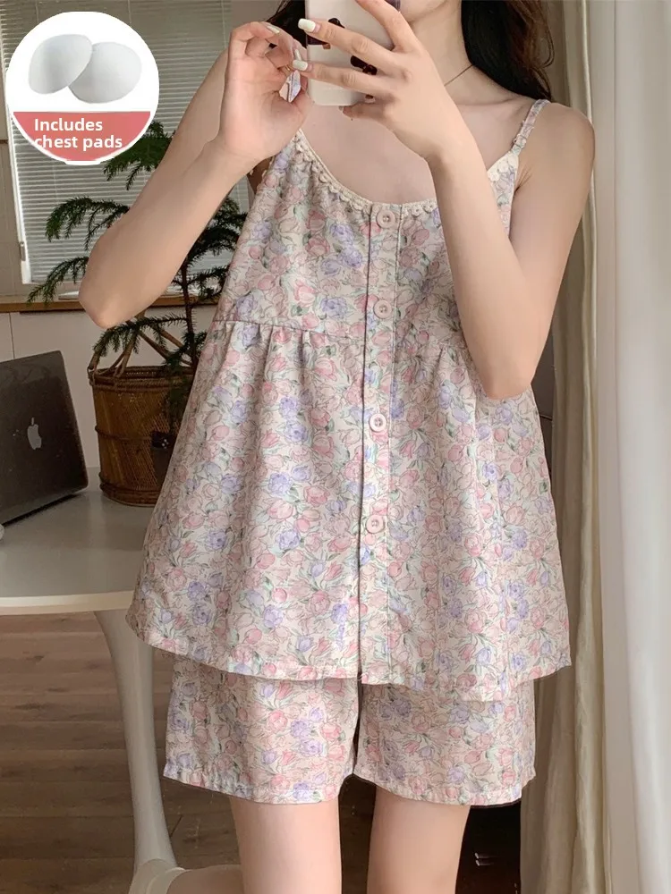 

Summer Women's Spwear Set Sexy Sweet Countryside Floral Pattern Woven Cotton with Chest Pad ort Pants Home Clothes