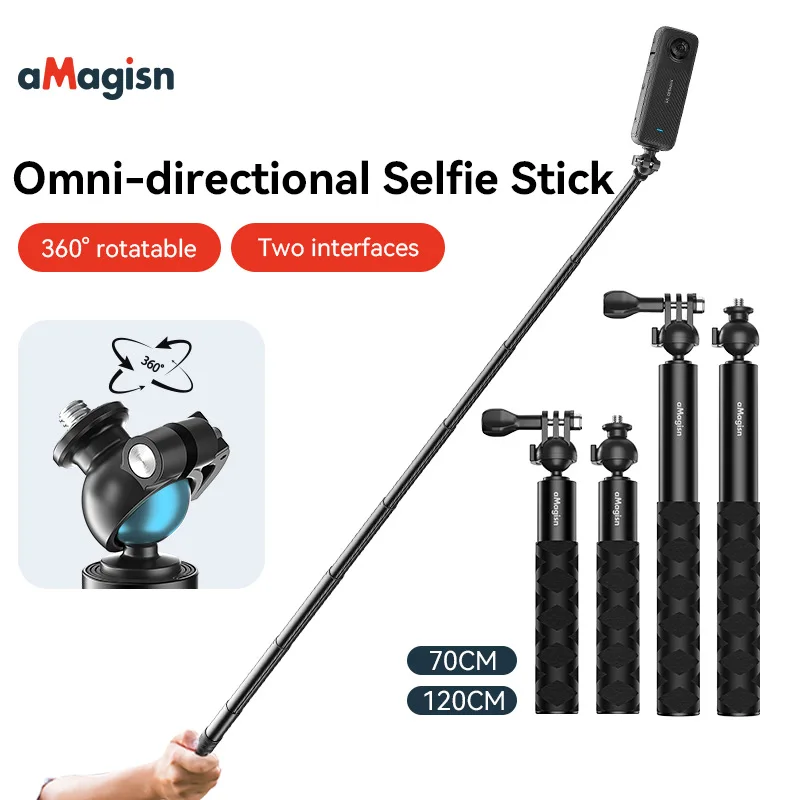AMagisn Extendable Selfie Stick 70CM 120CM with 360°Ball Head for Insta360 Ace Pro 2 X5 X4 Air Gopro Hero 13 12 DJI Action 5 Pro