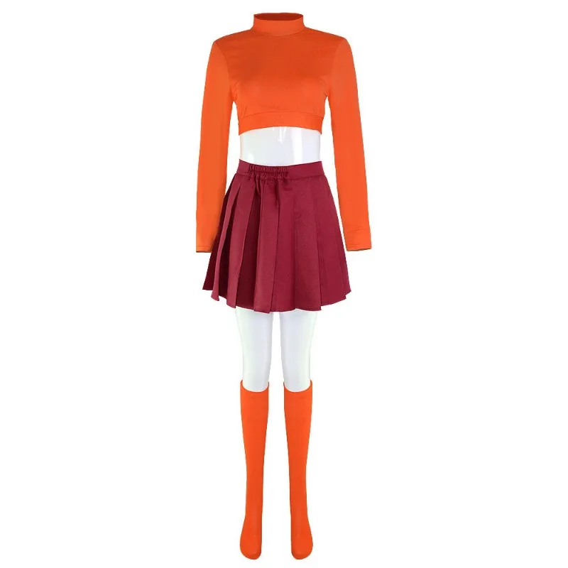 Velma Cosplay Costume Orange Crop Top Pleated Skirt with Glasses & Sock Set for Women Carnival Party Roleplay Outfi