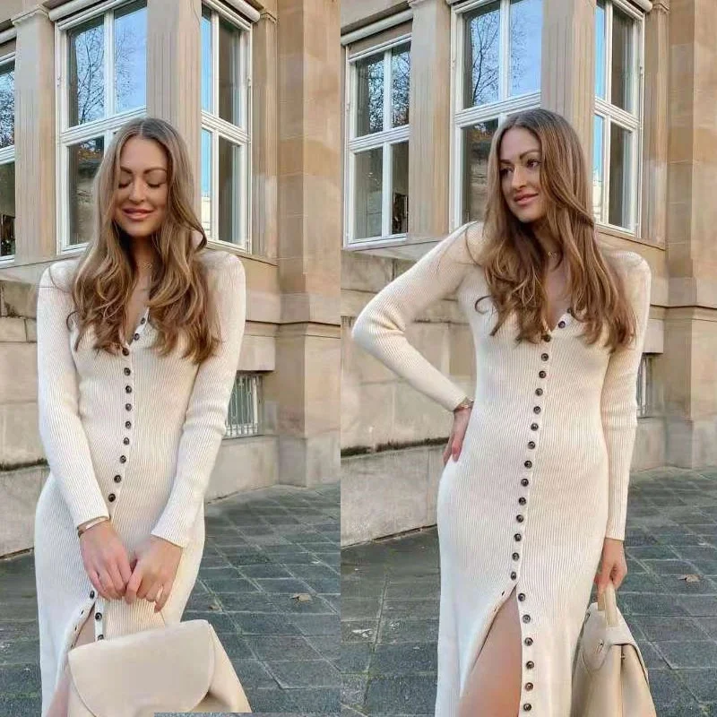 

Long Knitted Cardigan Sweet Style Date Night Multi-Buckled Model Sleeve Midi Dress Women Autumn Season Pure Color V-Neck