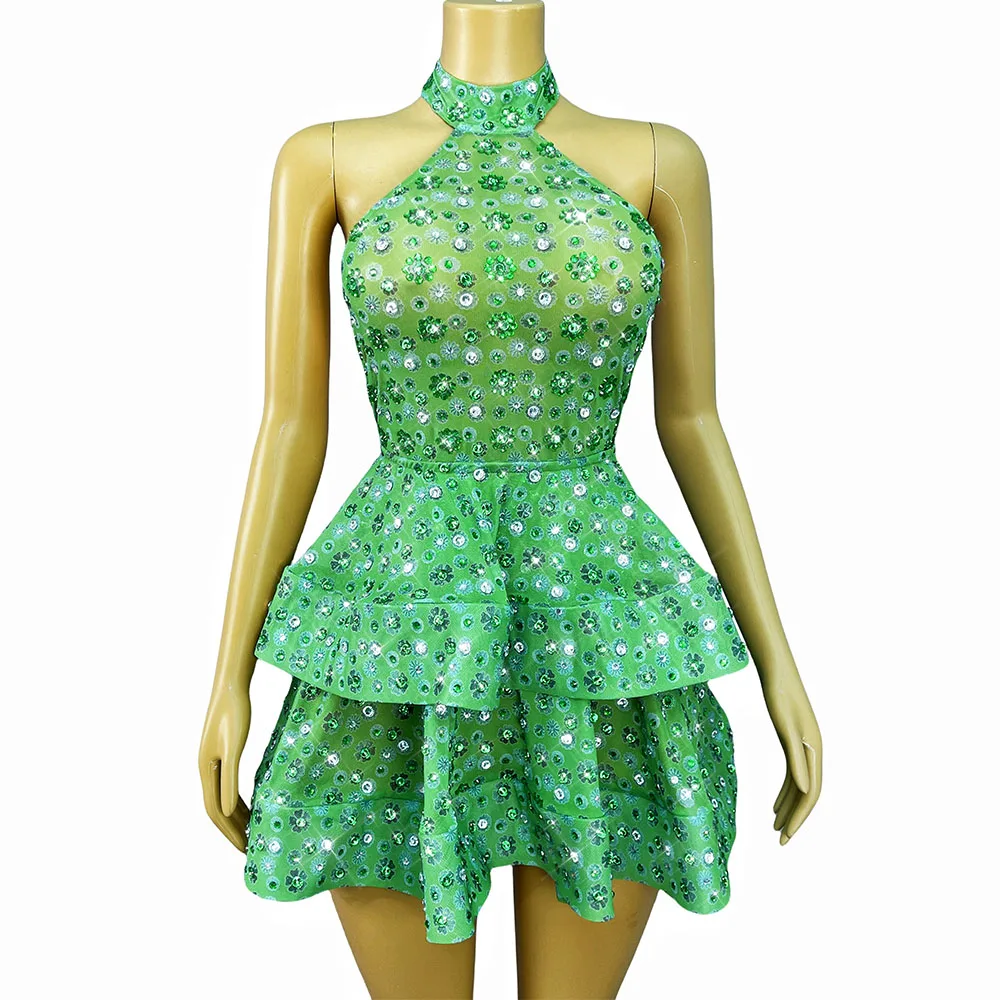 

Sexy Green Shining Rhinestones Backless Tiered Dress Daily Birthday Party Celebrate Red carpet Fashion Show Photoshoot Outfit
