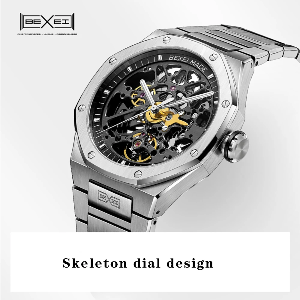 BEXEI 9096 watches for man Automatic movement mechanical synthetic sapphire Gradient dial Classic octagonal design waterproof