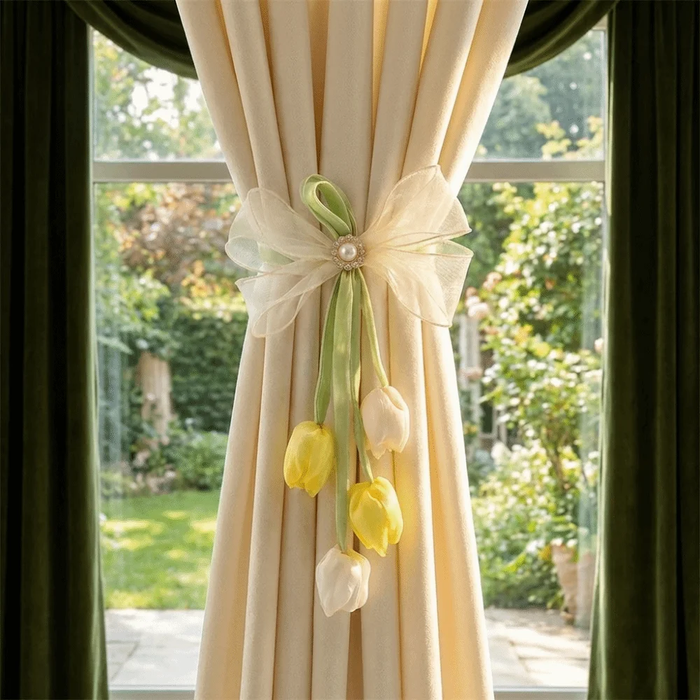Romantic Tulip Ribbon Curtain Tieback Handmade Sweet Style Curtains Tie Rope Decorative Curtain Holder Curtain Binding