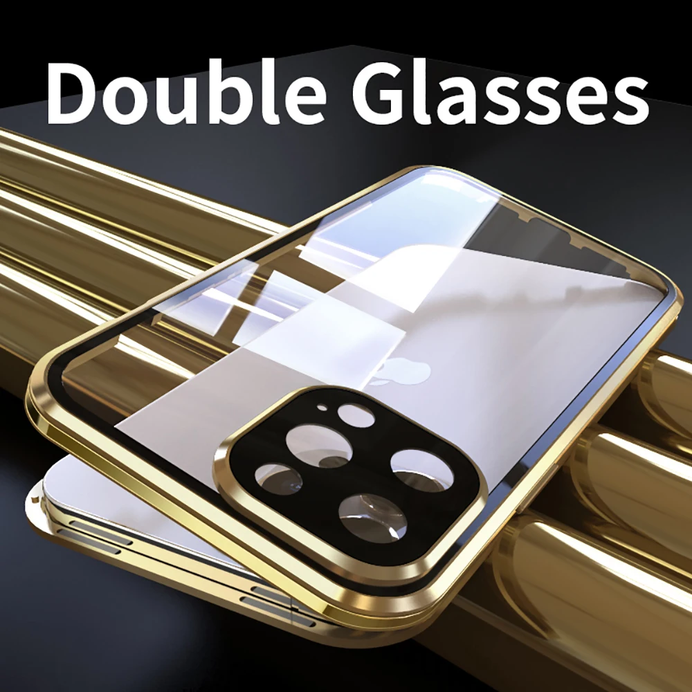 10x Full Protective Magnetic Case for IPhone 13 12 11 Pro XS Max X XR  Mini Double Sided Glass with Camera Lens Protection Cover