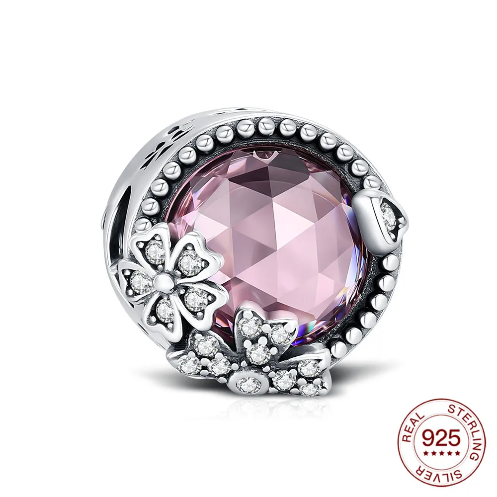 925 Sterling Silber Rosa Kirschblüten-Charms Naturanhänger Passend für Original-Armbänder DIY Schmuckherstellung für Frauen Geschenke