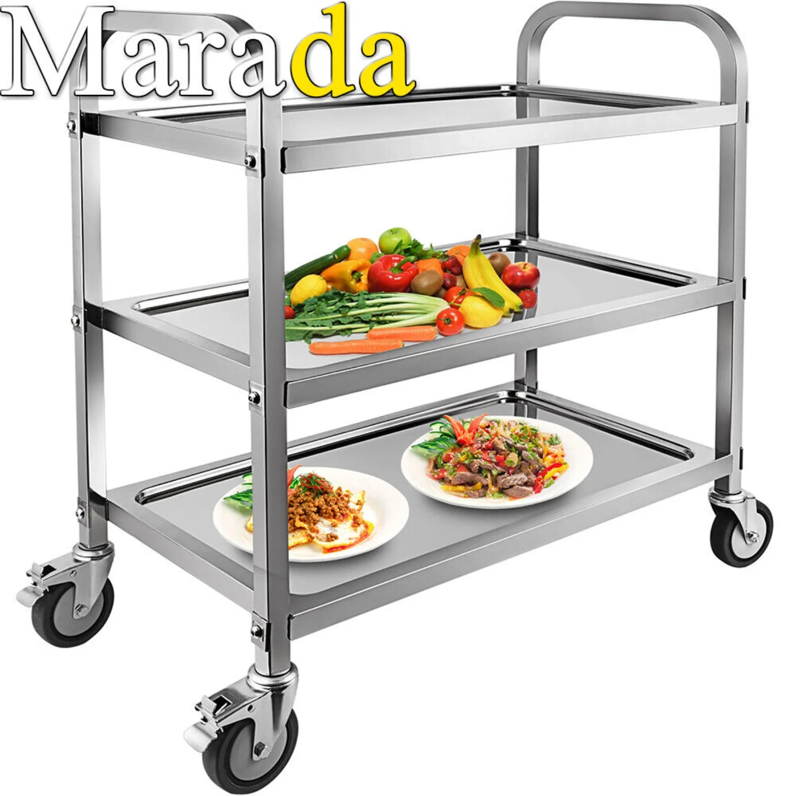 

US 3Tier Stainless Steel Utility Cart with Locking Wheels Shelf Kitchen Cart