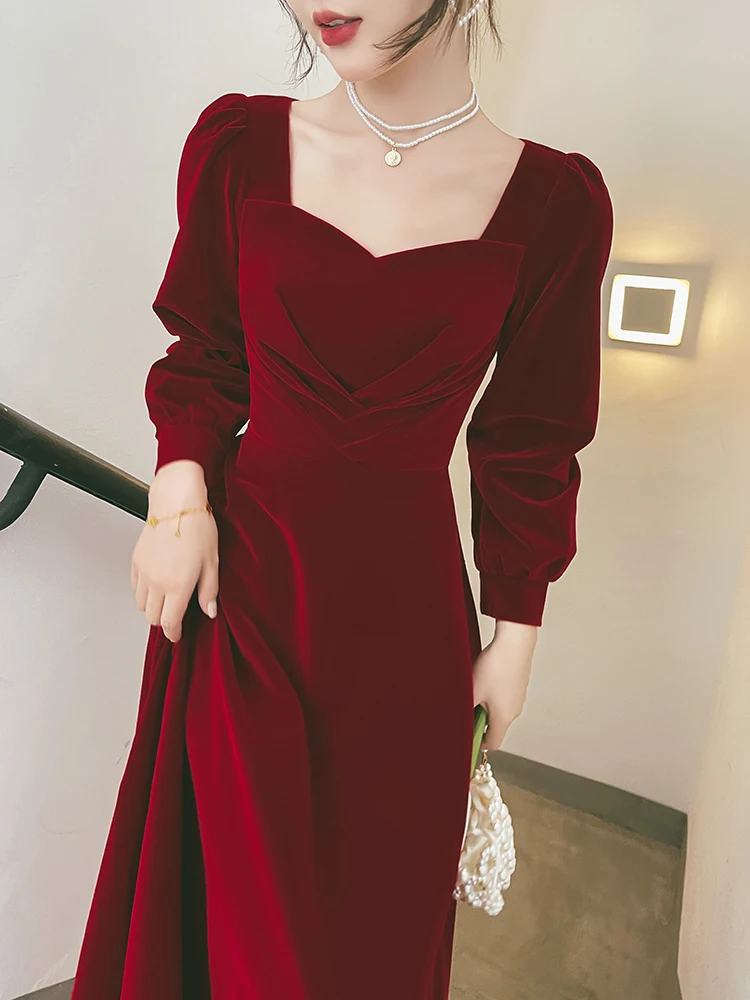 

Red Velvet Evening Dr Long Sve Engagement Par Wear Wedding Gown Floor Length Simple Sle Polyester Fabric for All Oc...