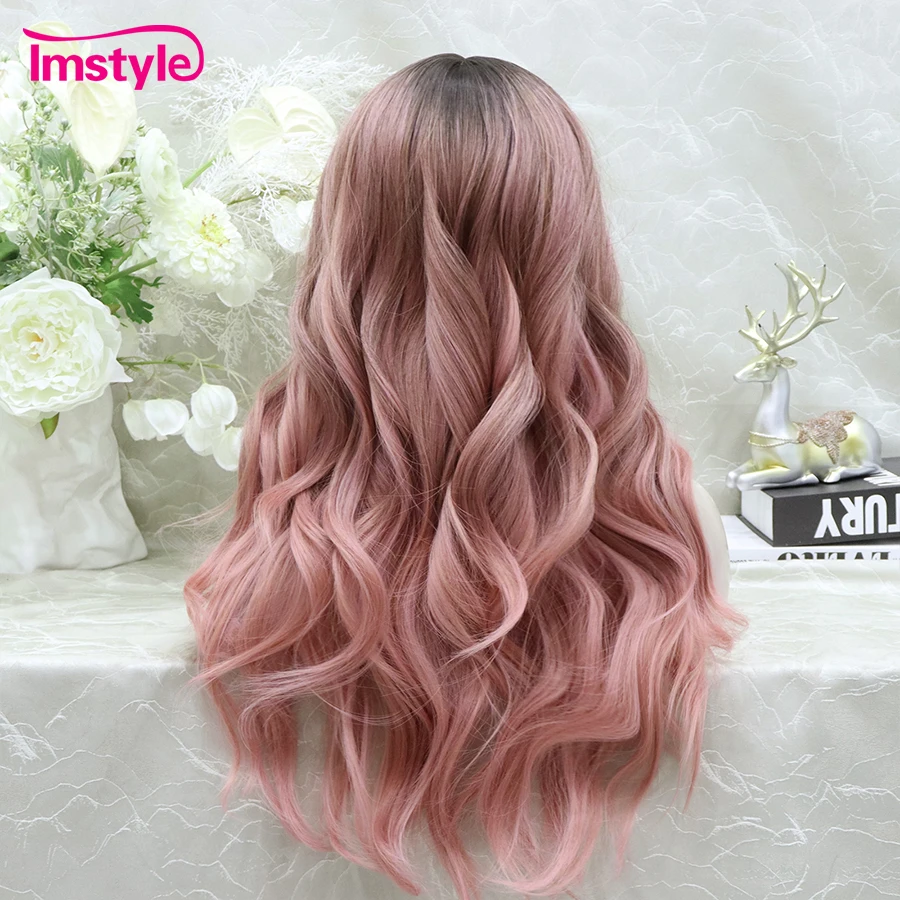 Imstyle Pink Wig Synthetic Lace Wig Middle Part Natural Wavy T Lace Wigs For Women Party Cosplay Wig Heat Resistant