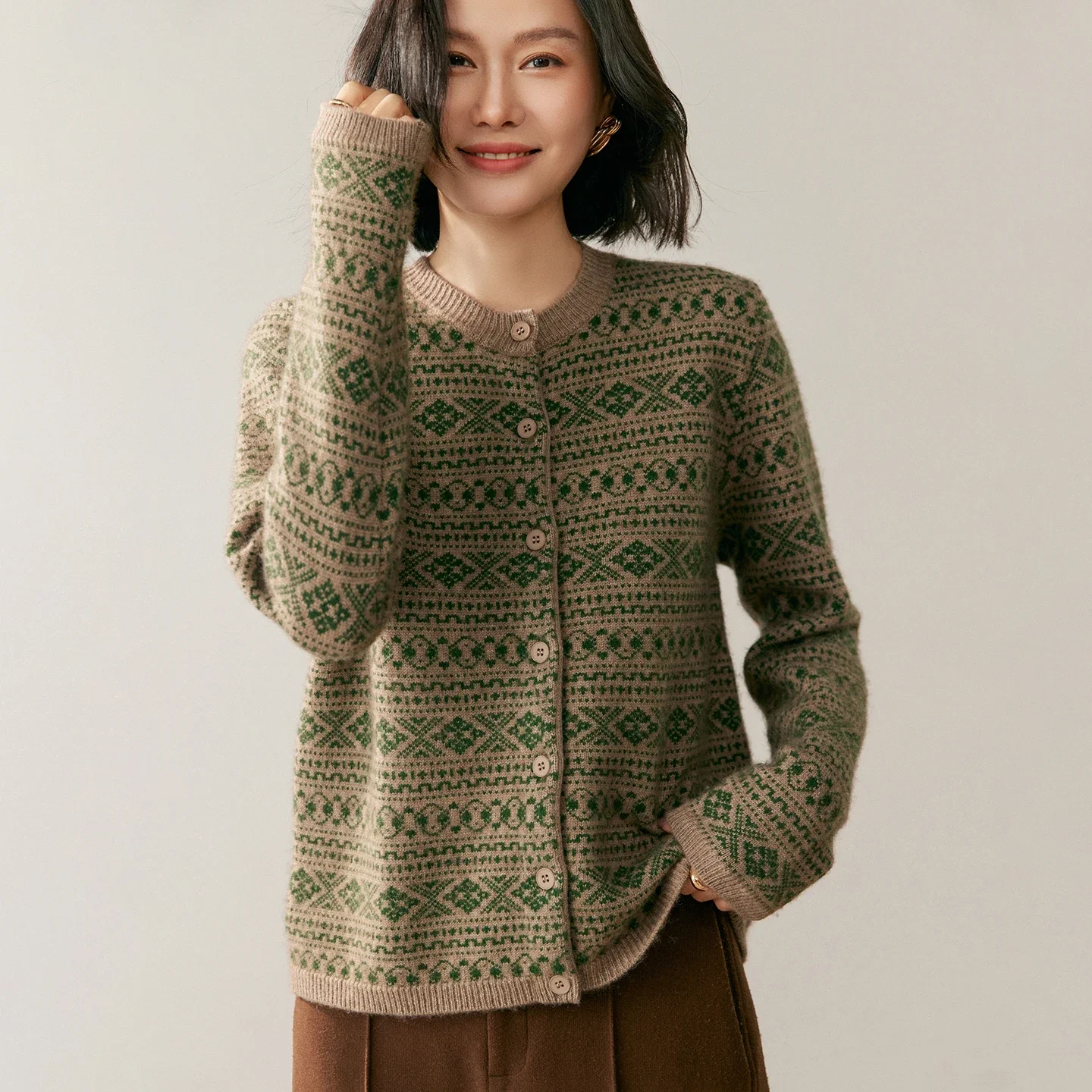 Vintage Jacquard Autumn Winter Sweater Women's Cardigan 100% Cashmere Sweater O-Neck Long Sleeve Clothes Warm Fair Isle Knitting