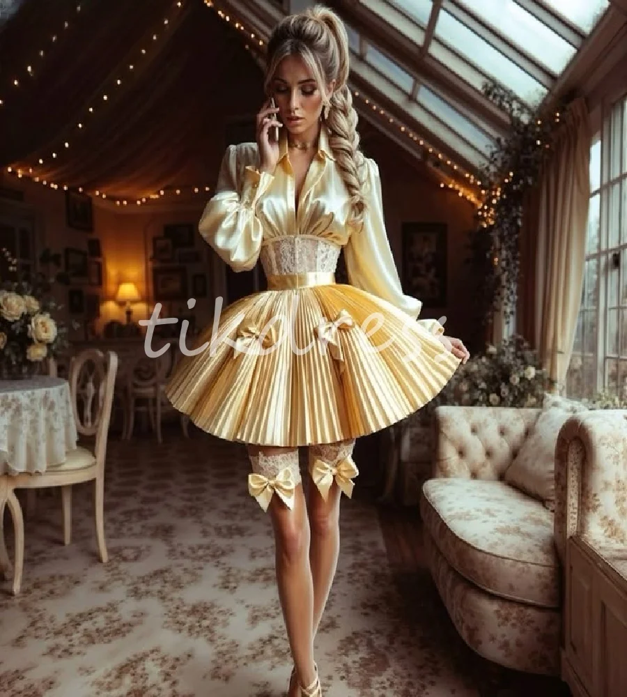 

Elegant Yellow Cosplay Prom Dress With Lace Long Sleeve Outfit Mini Short Evening Dress Korean Bow Cockatail Party Customized