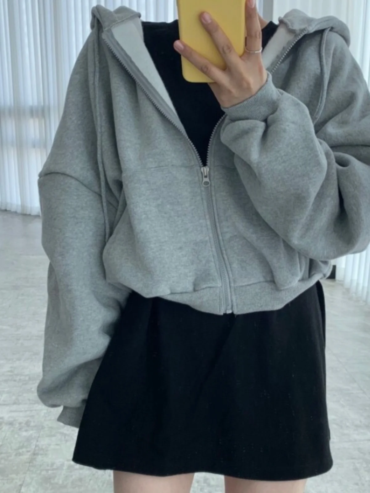 

Chic Autumn Winter Short Hoodie Sweatshirt Jacket Batwing Sleeve Drawstring Loose Versatile Lazy Style Korean Commute Style