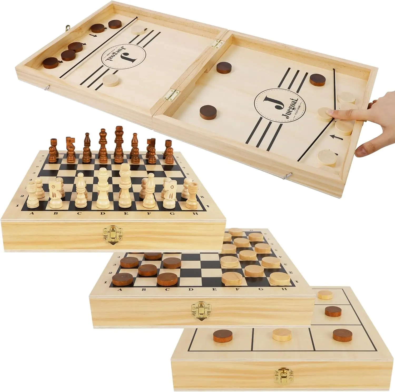 

4-in-1 Wooden Sling Puck Set: Chess, Checkers, Tic Tac Toe - Portable Folding Board Game for Kids & Adults