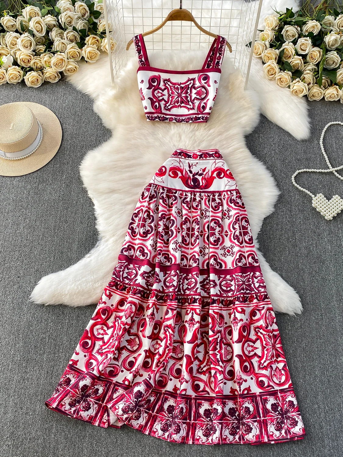 Fashionable Short High Waist Slim Fit Print Square Collar Vest Top Set with Midi Skirt Anti-Wrinkle Summer Casual Outfit