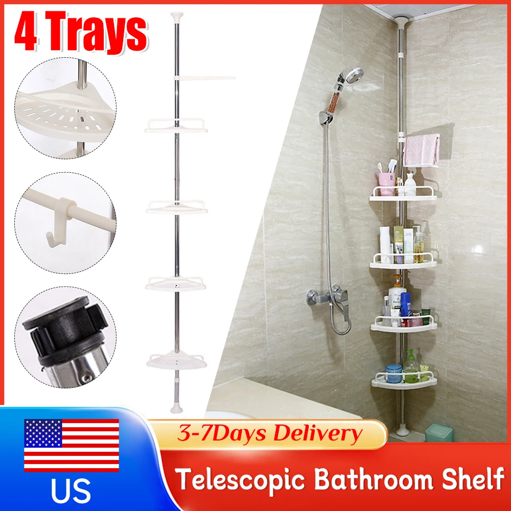 

4Tray Bathroom Corner Storage Rack Telescopic No Drilling Stainless Steel Organizer Shower Caddy Adjustable Floor Ceiling Holder
