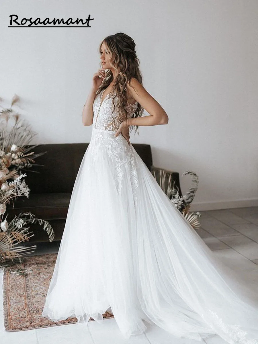 Beach Wedding Dress A-Line Boho 2023 Lace Open Back Sleeveless Bride Gown Princess Vestido De Noiva