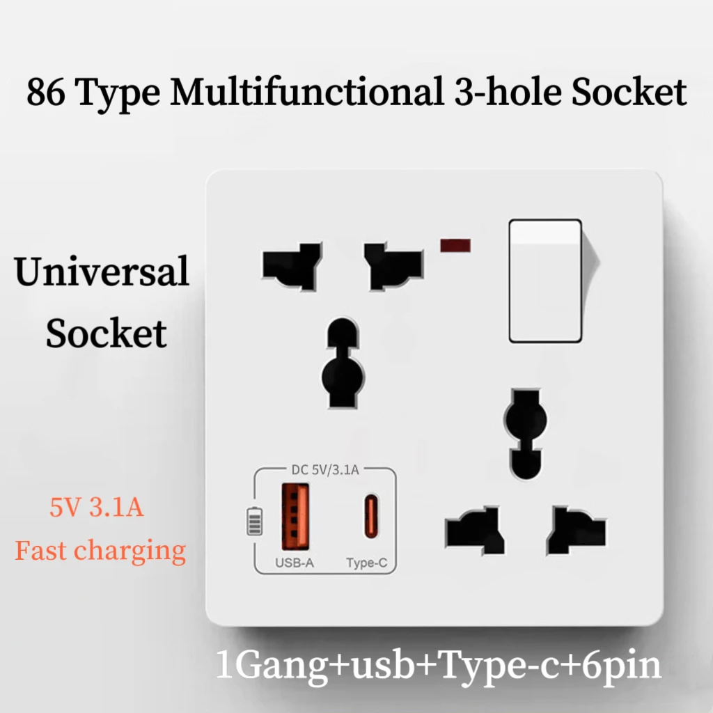 

86-Type Concealed Universal 1Gang 6 Six-Hole Socket With USB+Type-c Charging Multifunctional Switch Control Wall Power Sockets