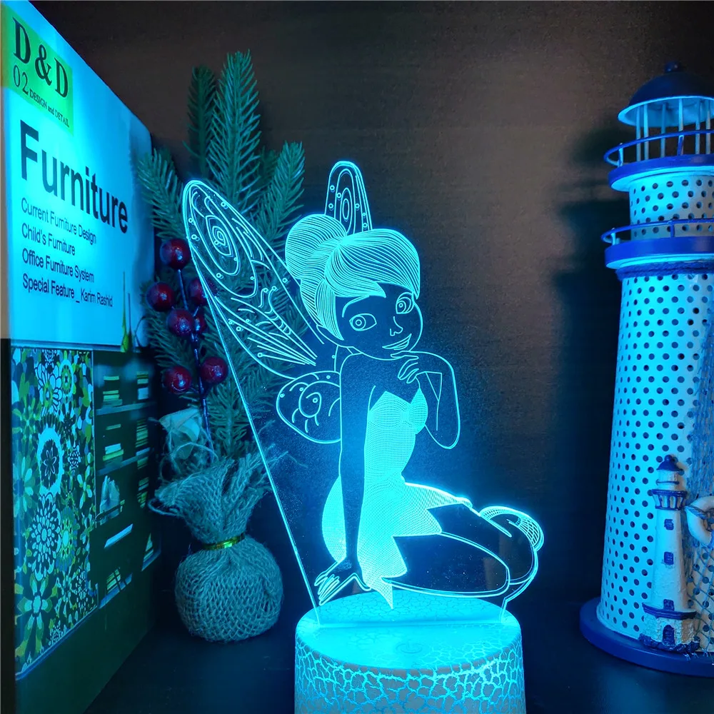 Frozen Princess 3D Visual Lamp Anna Elsa Figurine Tinker Bell LED Night Light Acrylic Illusion Table Lampara Home Toys Lighting