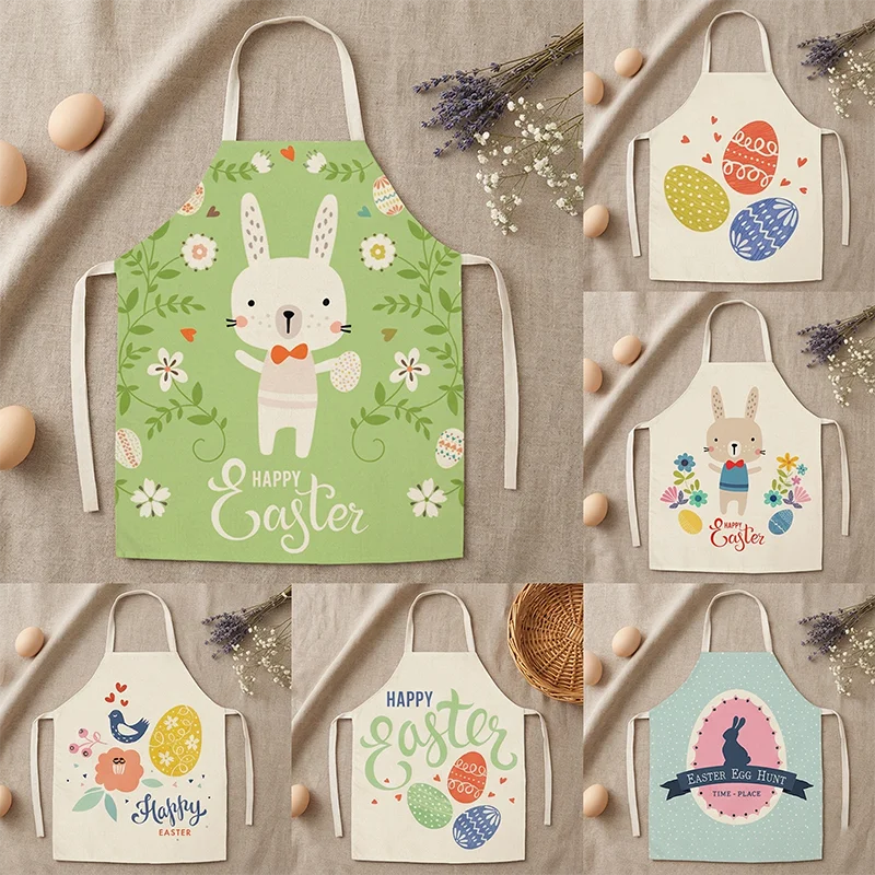 

Happy Easter Bunny Colorful Egg Print Kitchen Apron For Women Spring Festival Party Baking Cooking Bib Linen Cleaning Pinafore