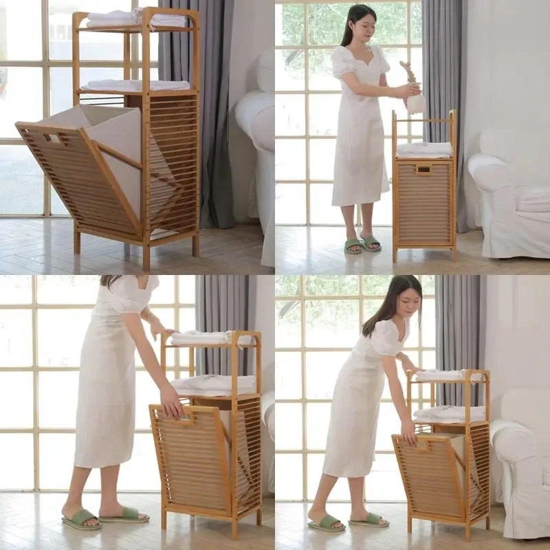 Bamboo Laundry Hamper Cabinet Floor Standing Tilt Out Dirty Clothes Basket Bathroom Storage Organizer Rack with Lid