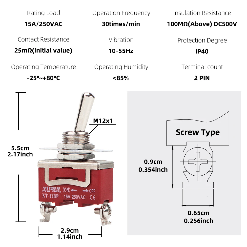 6 قطع، مفتاح تبديل XURUI، XT-11BF، 15A/250VAC، كوب مقاوم للماء مجاني، قوة عالية وغير قابلة للكسر، اتصالات فضية وأطراف نحاسية