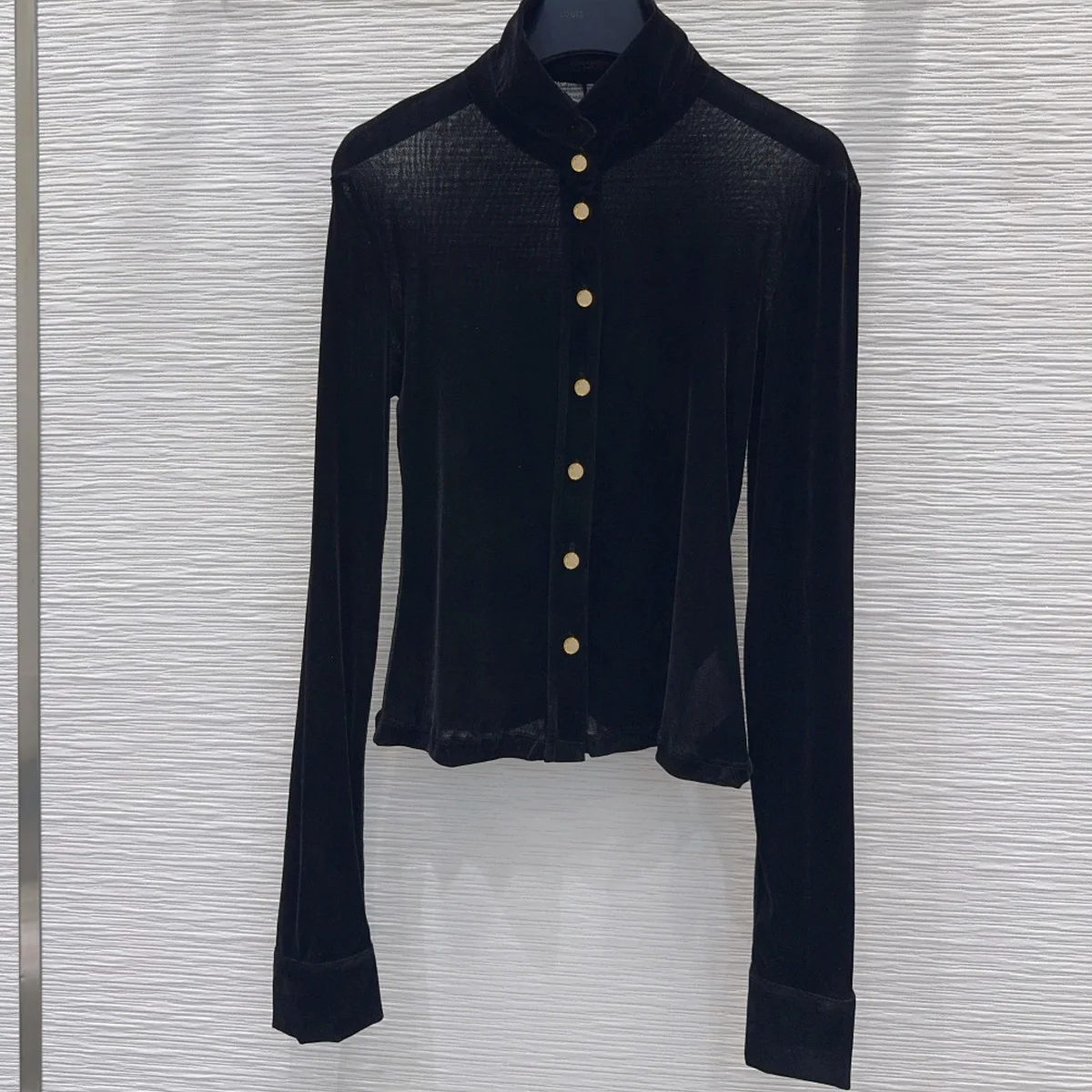 High Quality Women Stand Collar Long Sleeve Slim Fit Blouse, Gold Button Solid Color Cropped Top lyt26100735