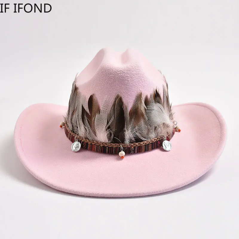 New Vintage Feather Decoration Western Cowboy Hats for Men Women Fashion Wide Brim Church Jazz Hat Sombrero Hombre Caps